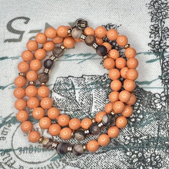 Artisan Coral Orange Mother of Pearl & Jasper & Gold Hematite Necklace - Picture 2 of 3